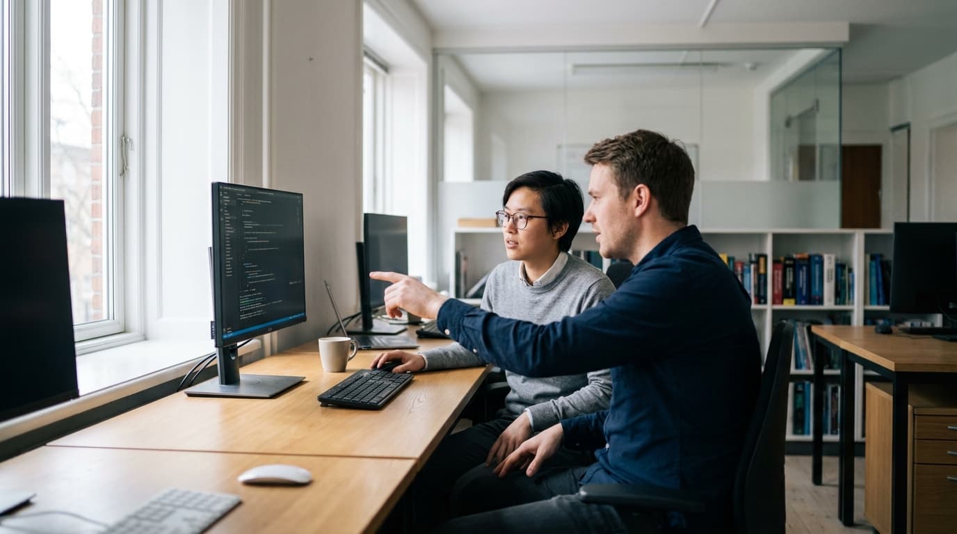 Two security engineers in an office environment collaborating over a piece of code displayed on a computer monitor.