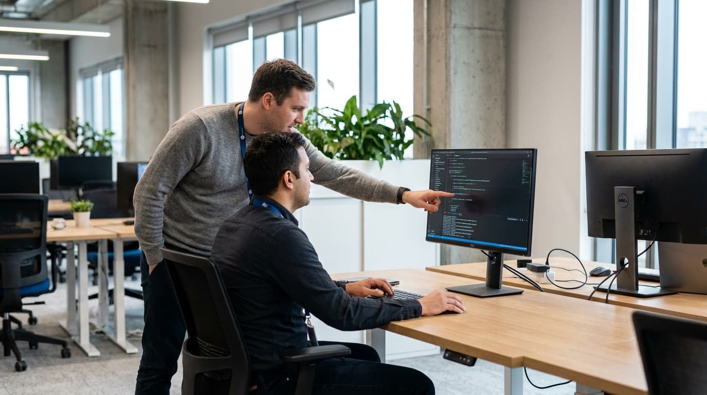 Two security engineers in an office environment collaborating over a piece of code displayed on a computer monitor.