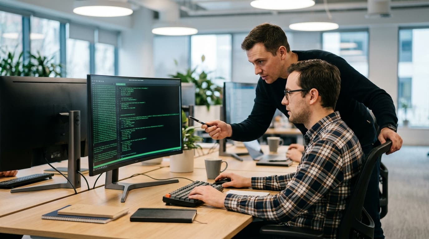 Two security engineers in an office environment collaborating over a piece of code displayed on a computer monitor.