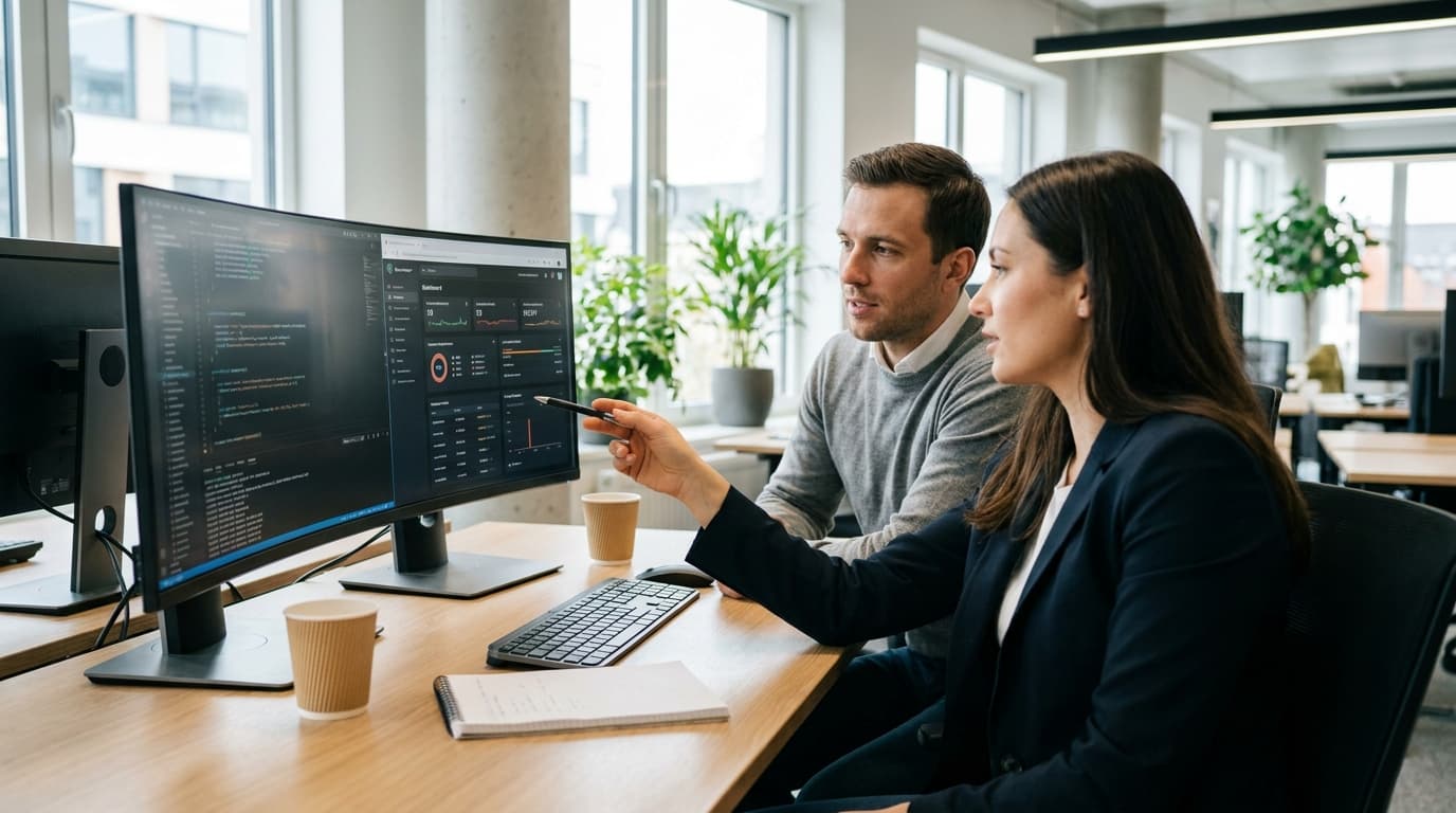 Two security engineers in an office environment collaborating over a piece of code displayed on a computer monitor.