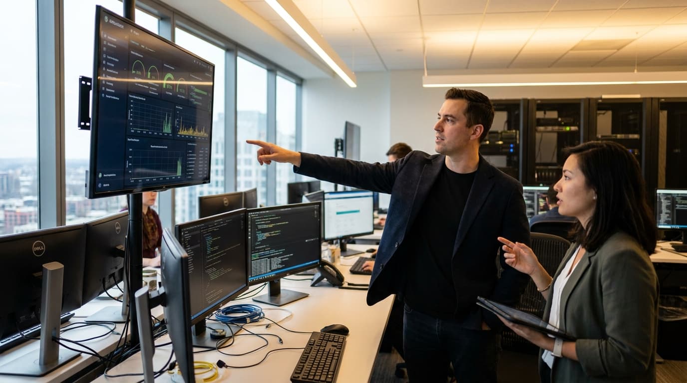 Two security professionals in an operations center analyze data on a large screen, discussing a security alert.