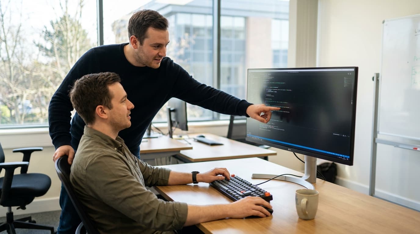 Two security engineers in an office environment collaborating over a piece of code displayed on a computer monitor.