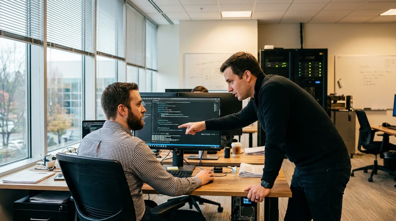Two security engineers in an office environment collaborating over a piece of code displayed on a computer monitor.
