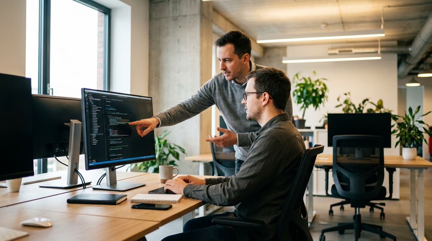 Two security engineers in an office environment collaborating over a piece of code displayed on a computer monitor.