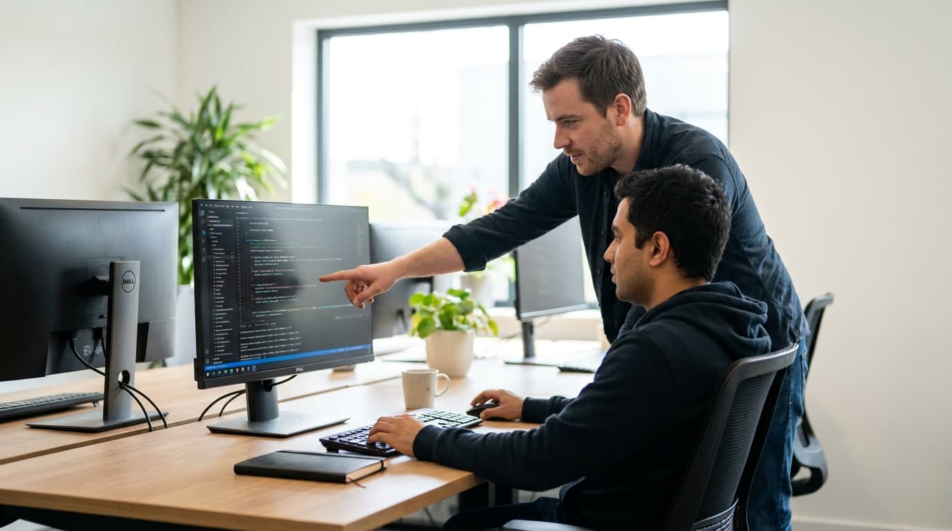 Two security engineers in an office environment collaborating over a piece of code displayed on a computer monitor.