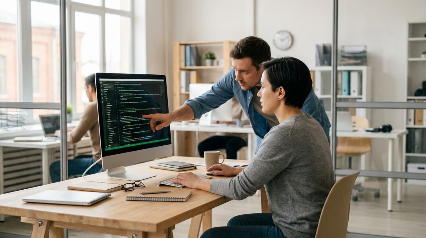 Two security engineers in an office environment collaborating over a piece of code displayed on a computer monitor.