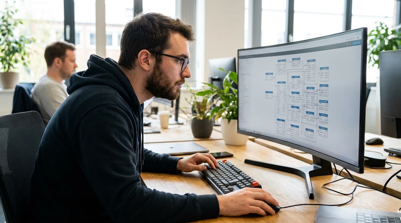 A software developer analyzes a Postgres database schema on a computer monitor in an office setting.