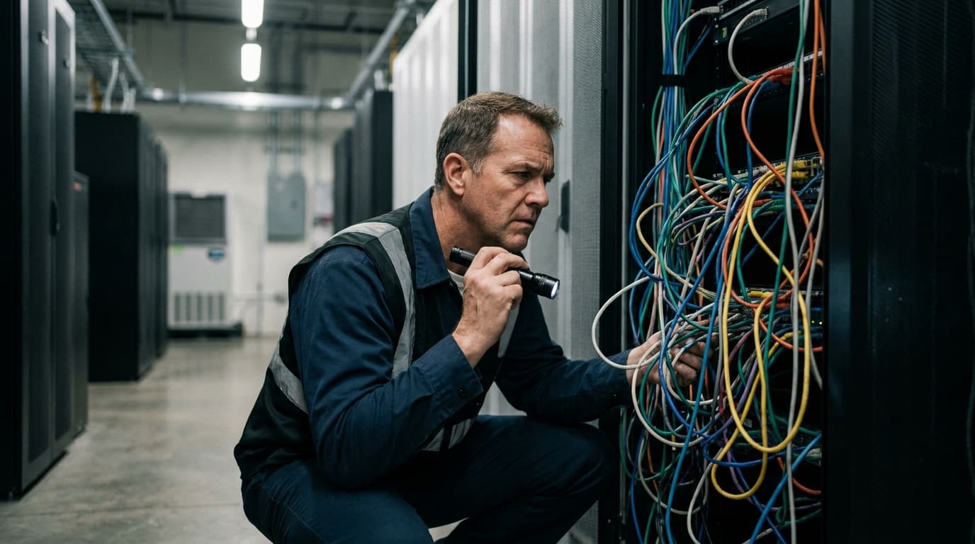 A technician inspects a messy cluster of network cables in the back of a server rack inside a data center.