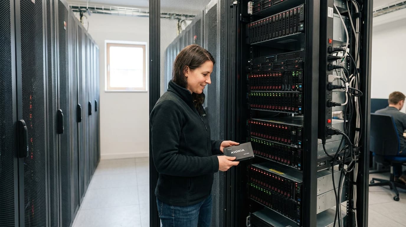 An IT technician installing a Kioxia solid-state drive into a server chassis inside a modern data center.