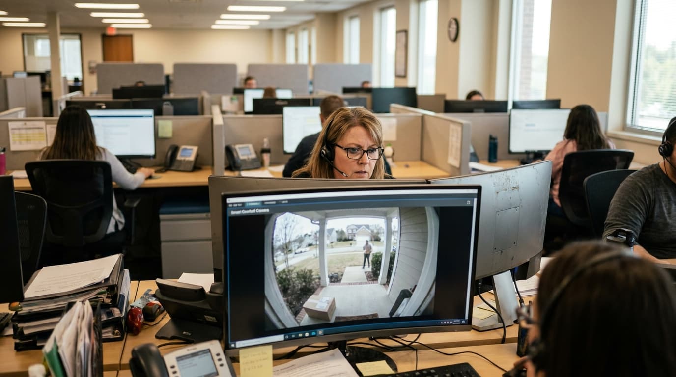 A security agent in an office watches a video feed from a smart doorbell on their computer monitor.