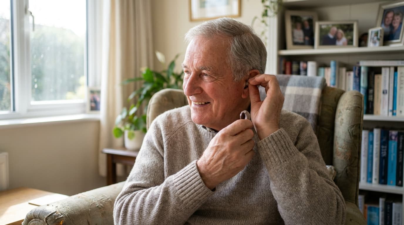 An older person puts a discreet, modern hearing aid into their ear while sitting in their home.