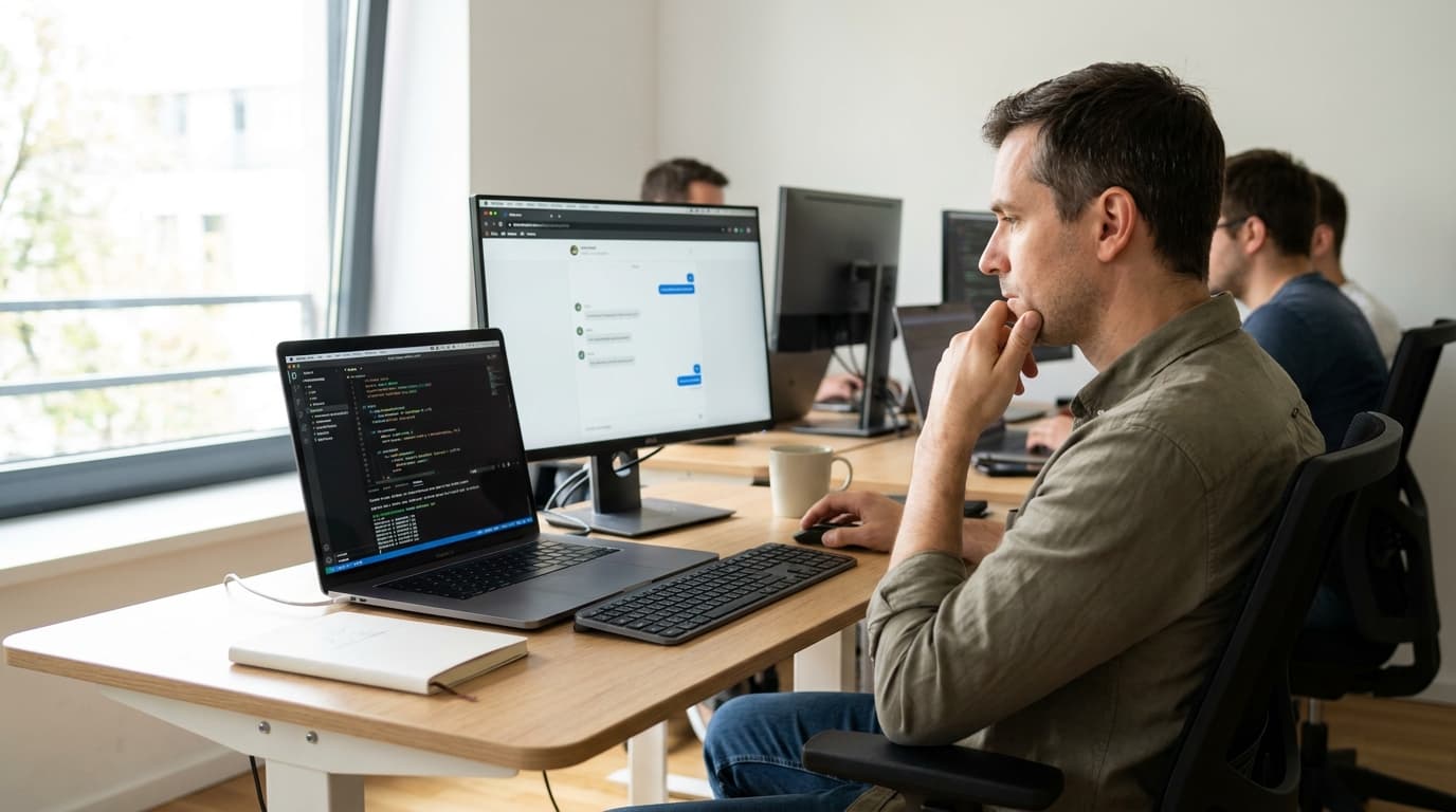A developer working on code for an AI application on their laptop in a well-lit office environment.