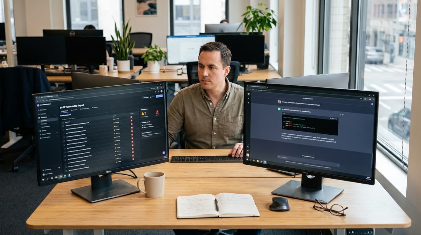 A security engineer at their desk reviews code vulnerability reports from a SAST tool and an LLM-based scanner on separate monitors.