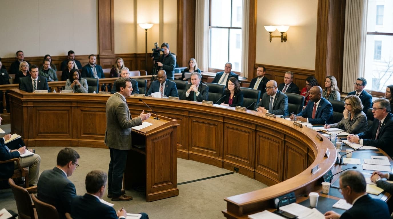 Lawmakers listen to testimony during a state senate committee hearing on financial regulation.