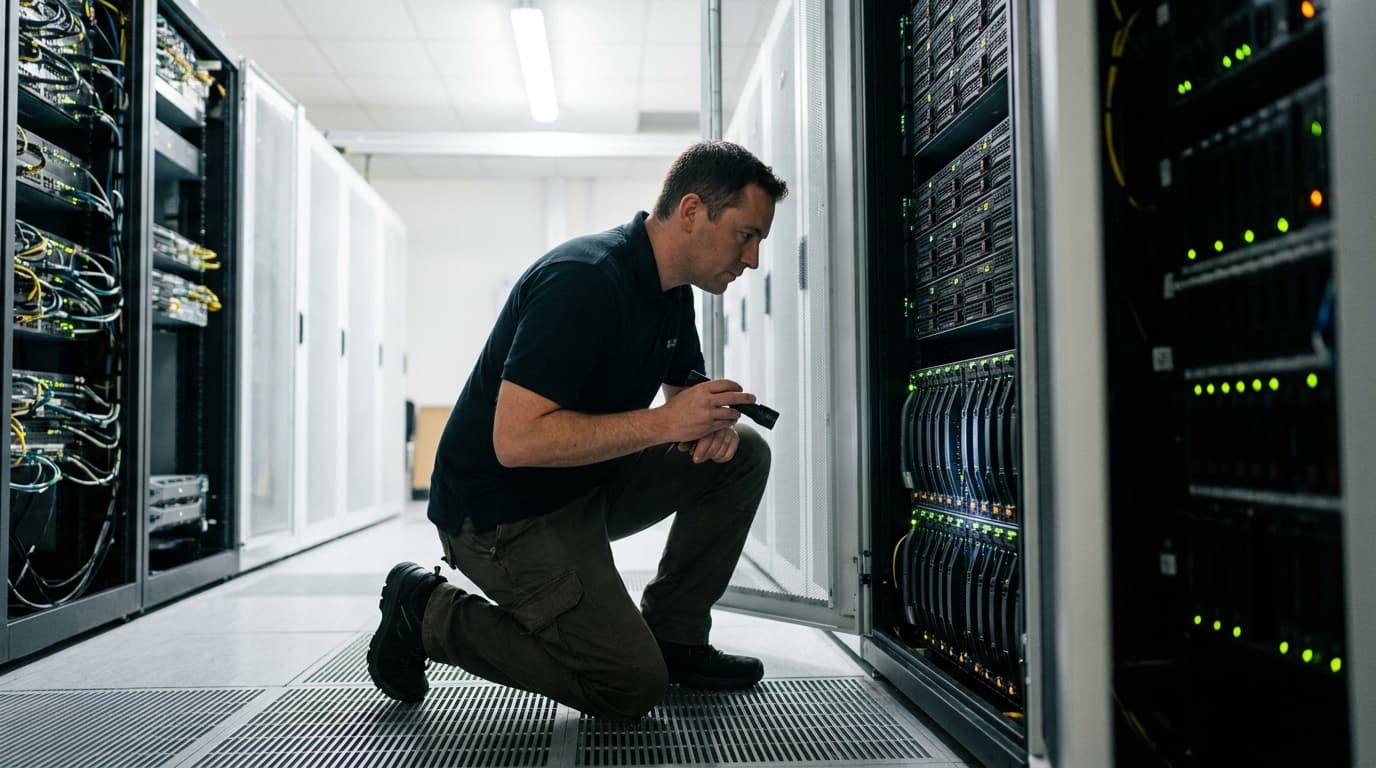 A technician inspects a server rack in a brightly lit, modern data center aisle.