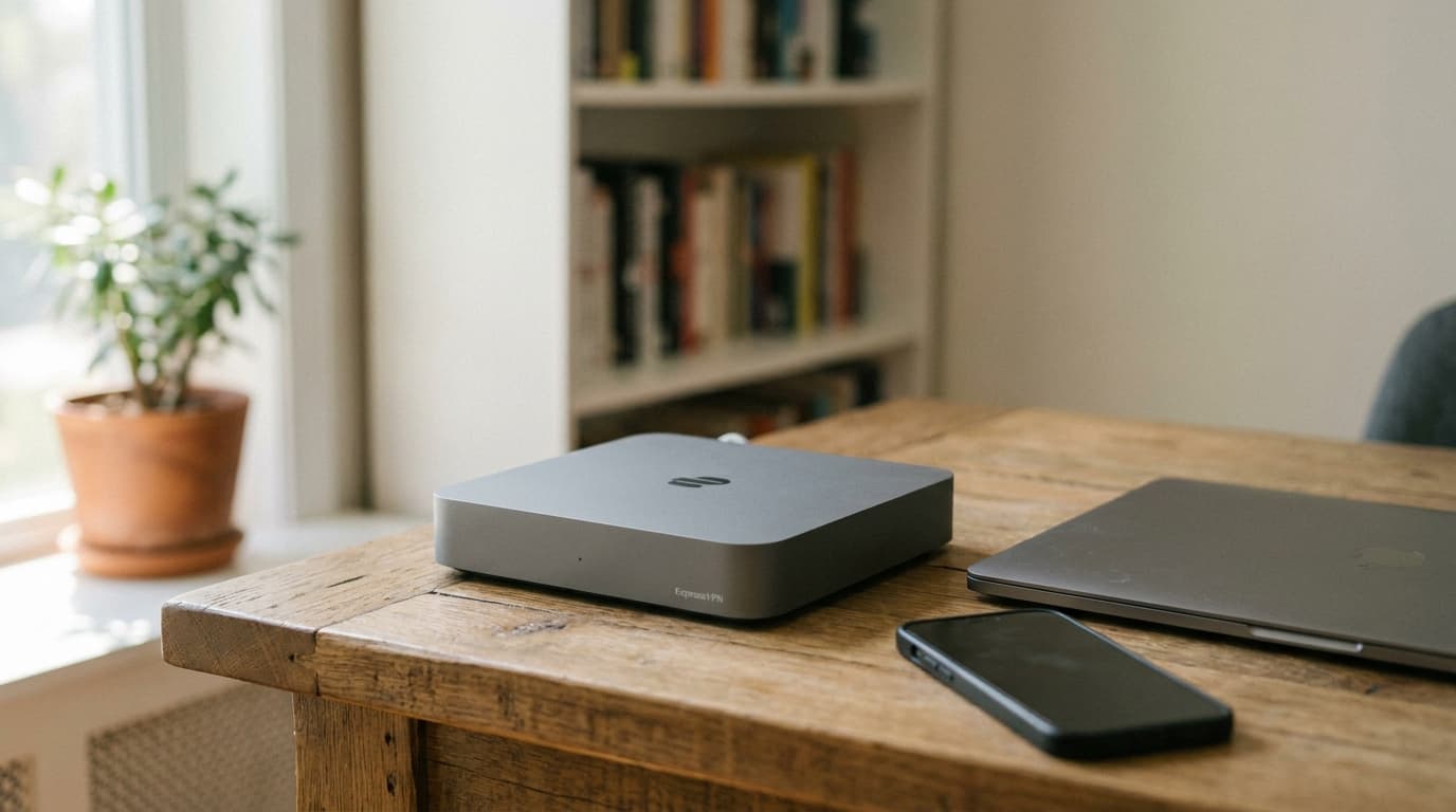 The black ExpressVPN Fortify router on a desk in a home office, with a laptop and phone nearby.