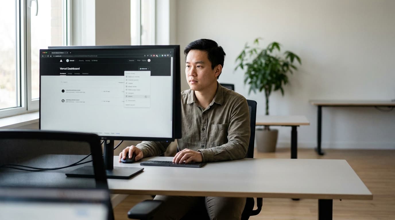 A developer at their desk uses a computer to configure Vercel marketplace integrations for a custom software environment.