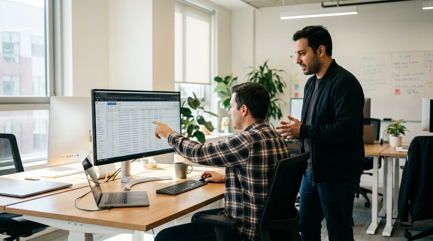 Two engineers in an office collaborating over an AWS EC2 dashboard displayed on a large computer monitor.