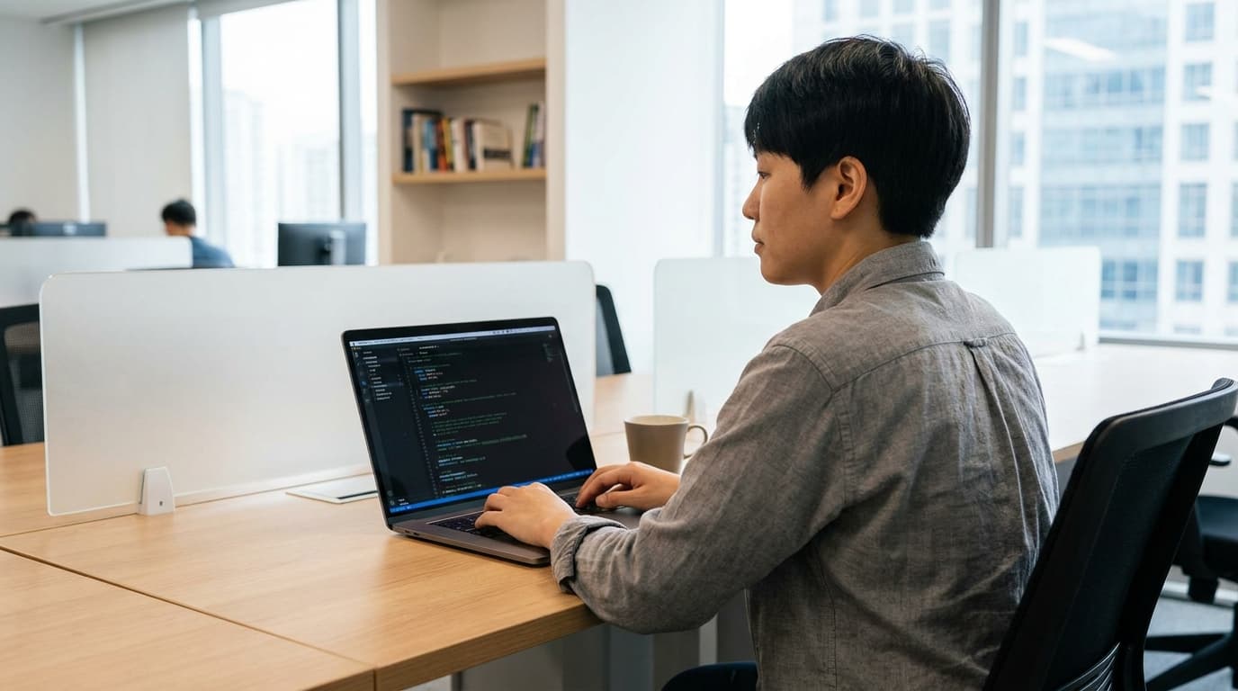 A developer in an office environment reviews infrastructure code on their laptop.