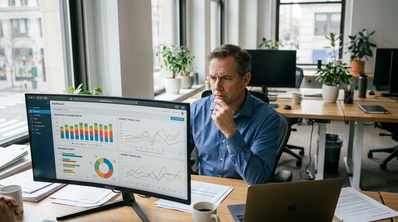 A financial analyst sits at a desk in an office, reviewing a budget dashboard with charts and graphs on a computer monitor.