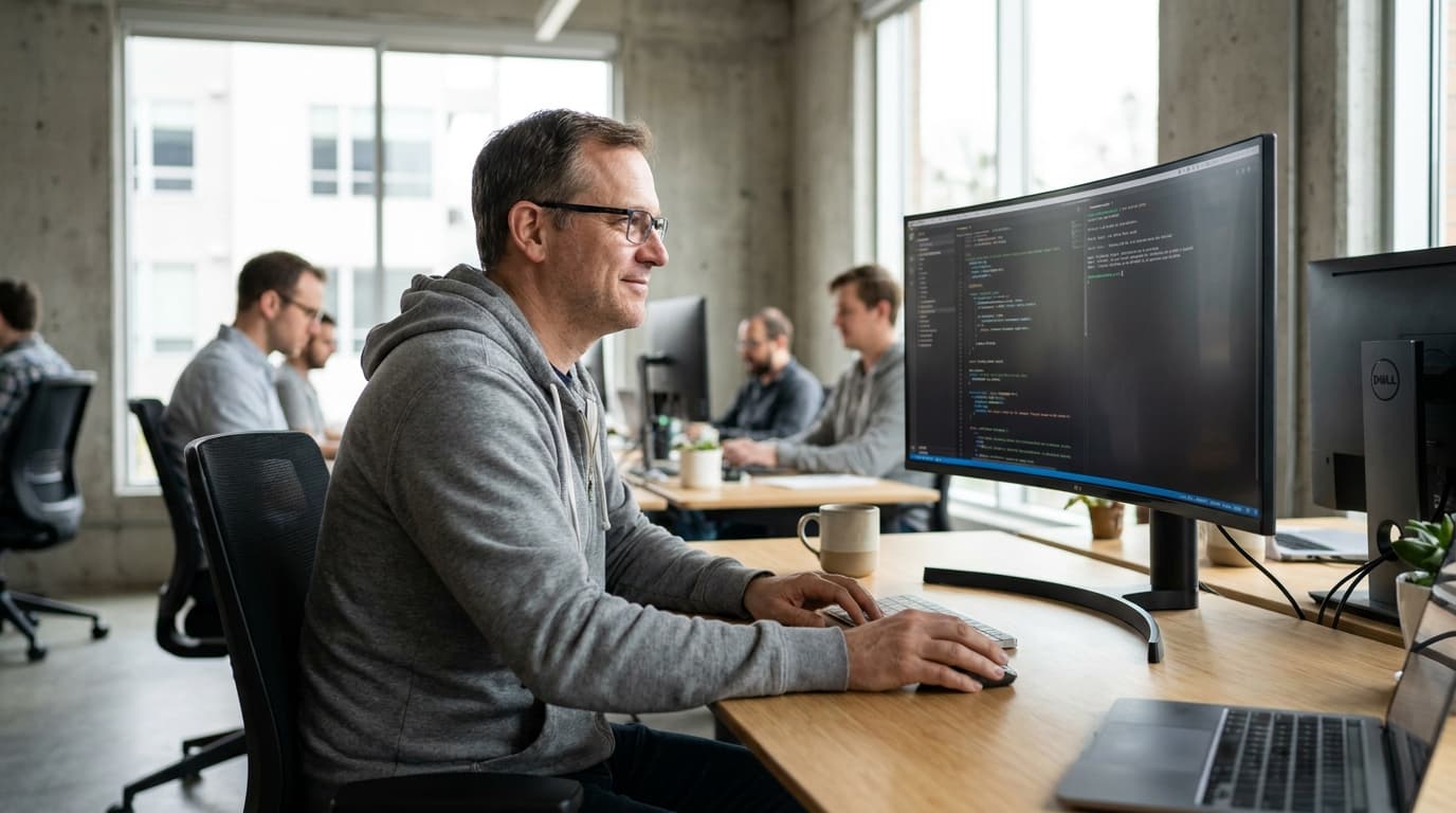 A software developer at their desk looks at code on a computer monitor, appearing focused and productive.