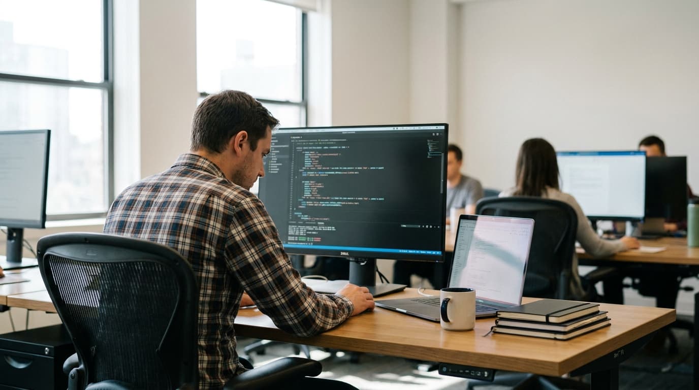 A developer in an office environment reviews a SQL query on a computer monitor at their desk.