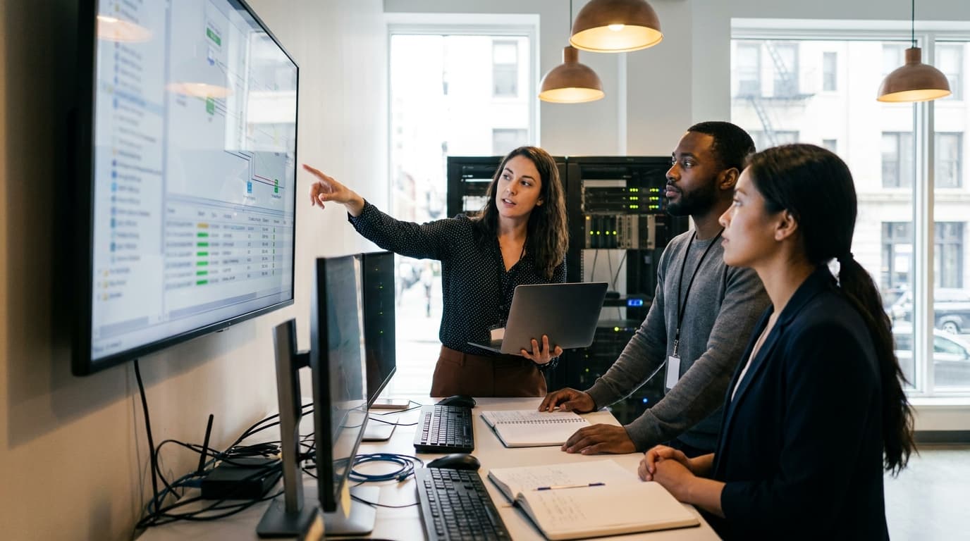 Three IT engineers in an office collaborating in front of a large monitor showing a system management dashboard.