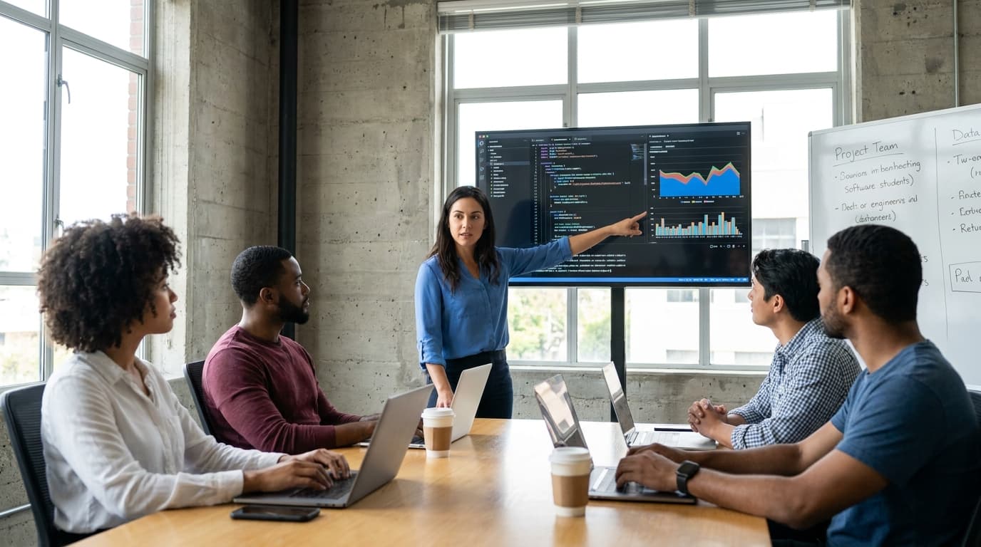 A team of AI safety researchers discusses data on a large screen in a corporate meeting room.