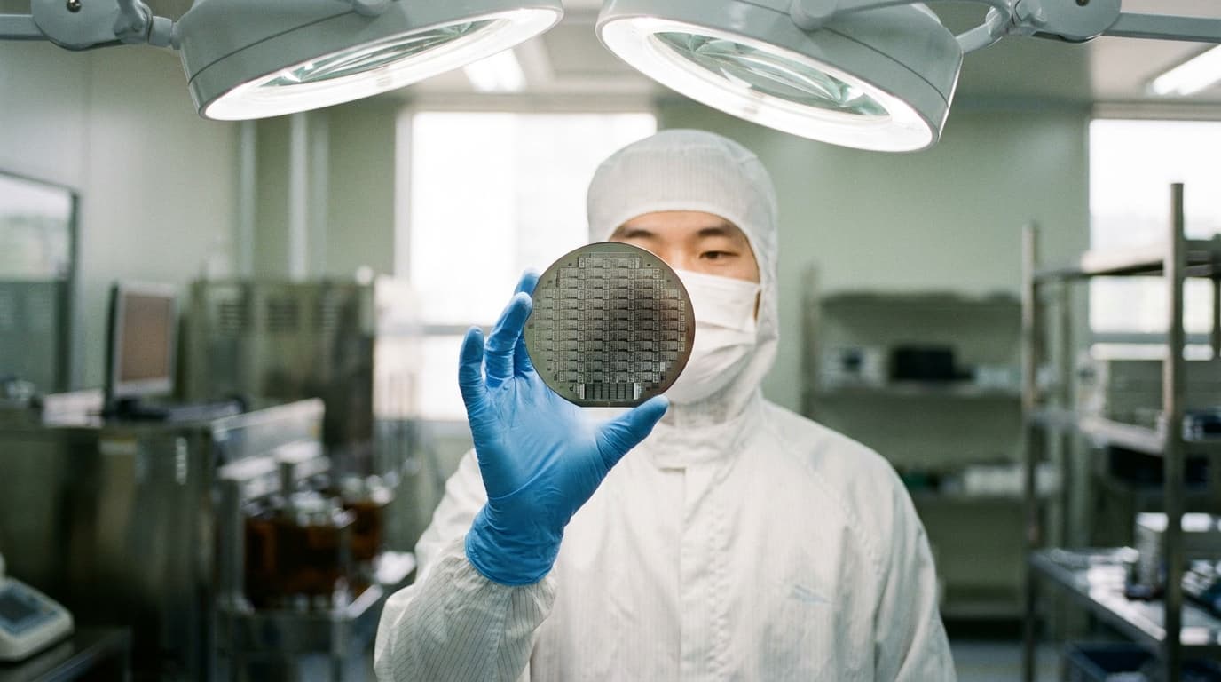 A close-up of a semiconductor manufacturing technician in a white cleanroom suit holding a silicon wafer.