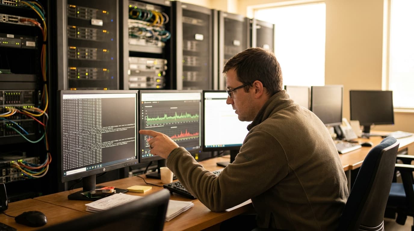 An engineer in a data center analyzes network performance graphs on a computer monitor, with server racks in the background.