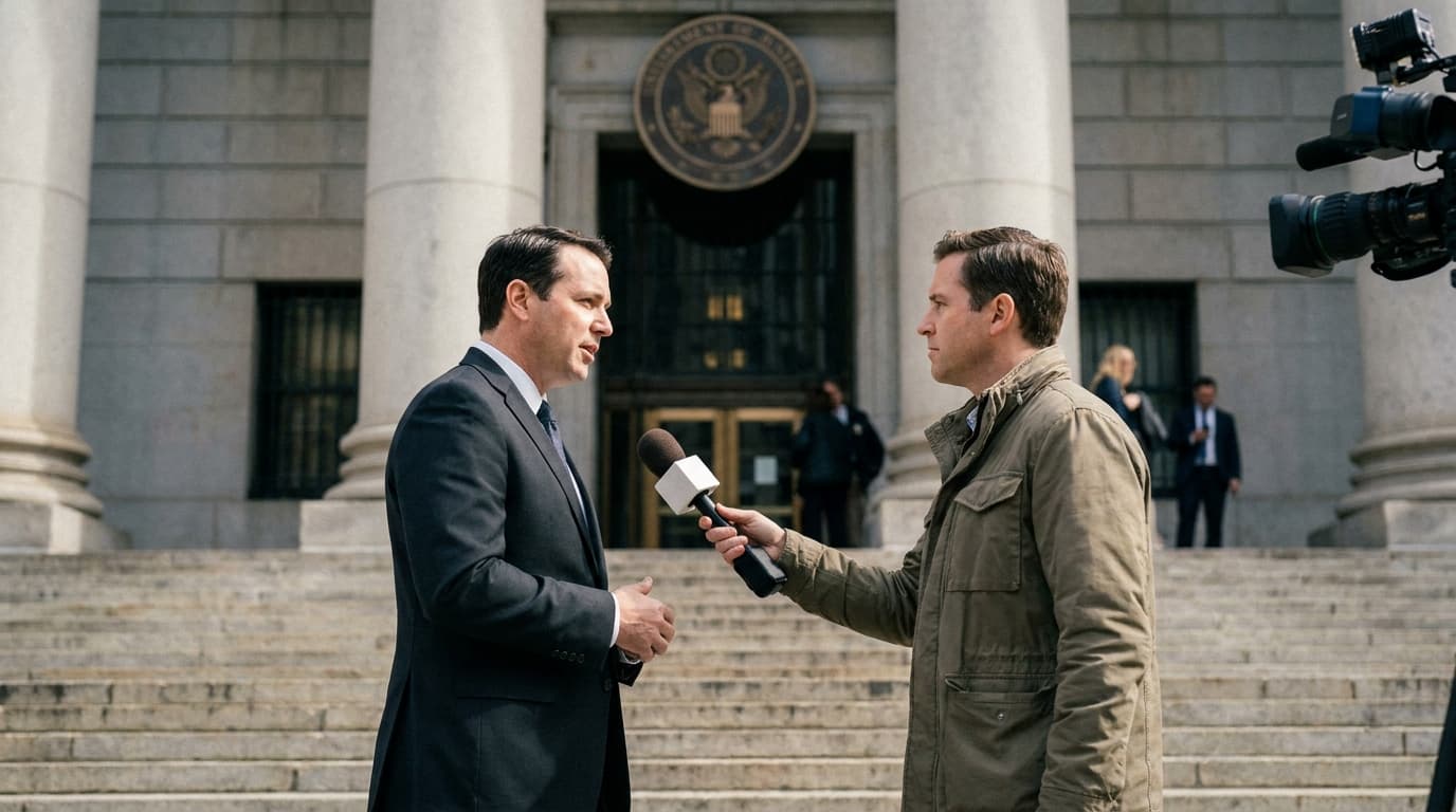 A lawyer speaks to a reporter on the steps of a federal courthouse, illustrating a legal challenge.