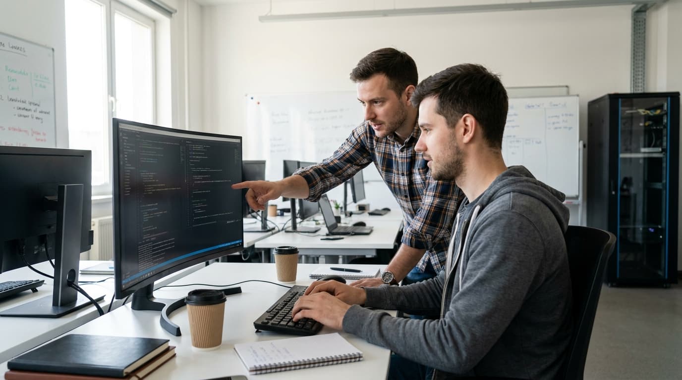 Two software developers work together in an office, reviewing AI-generated code on a computer monitor.