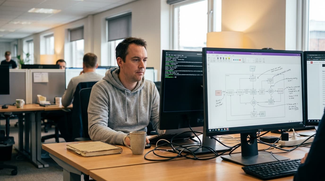 A security engineer works on a computer, analyzing a flowchart of system permissions for an AI application.