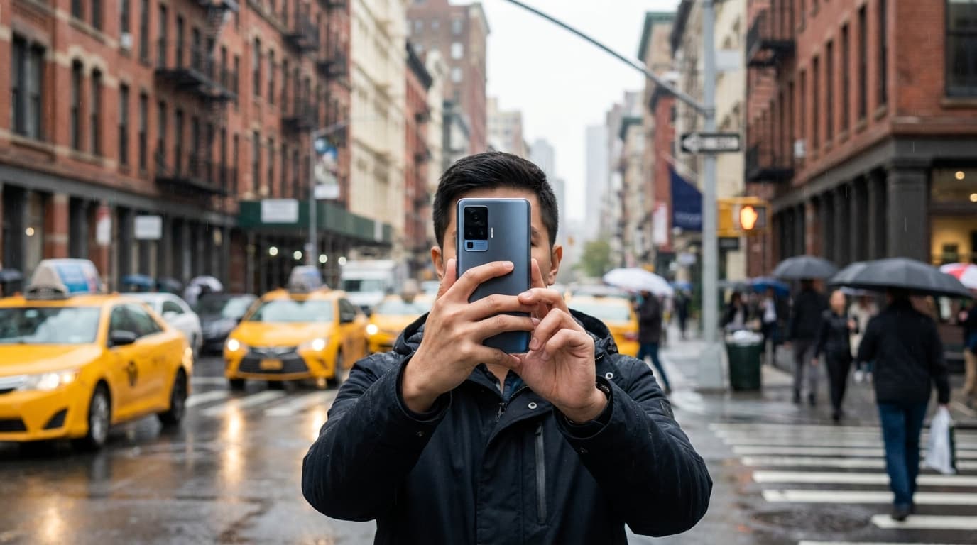 A person's hands holding a dark-colored smartphone, with the large, circular camera module on the back aimed at a bustling urban landscape.