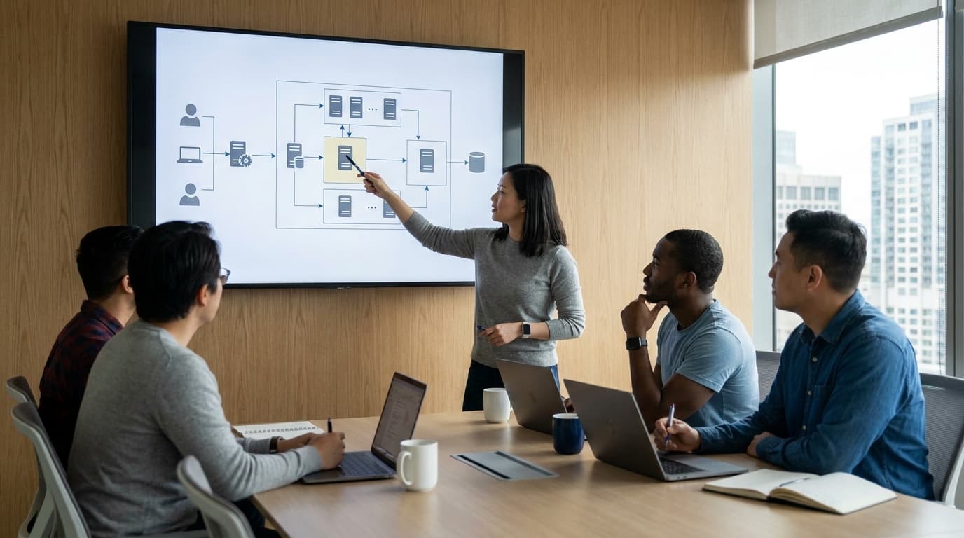 A team of software engineers discusses a system architecture diagram on a large screen in a conference room.
