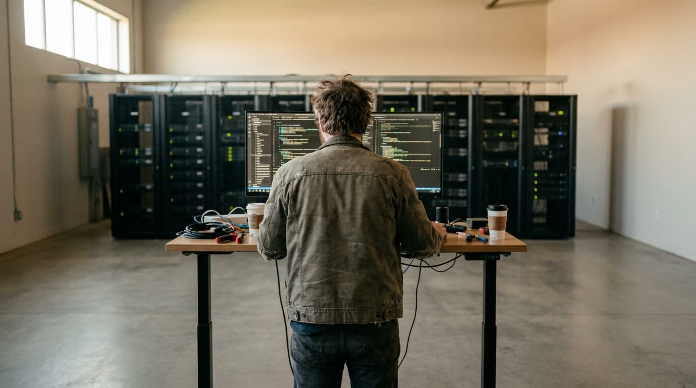A software developer analyzes code on a computer screen inside a data center with server racks behind them.