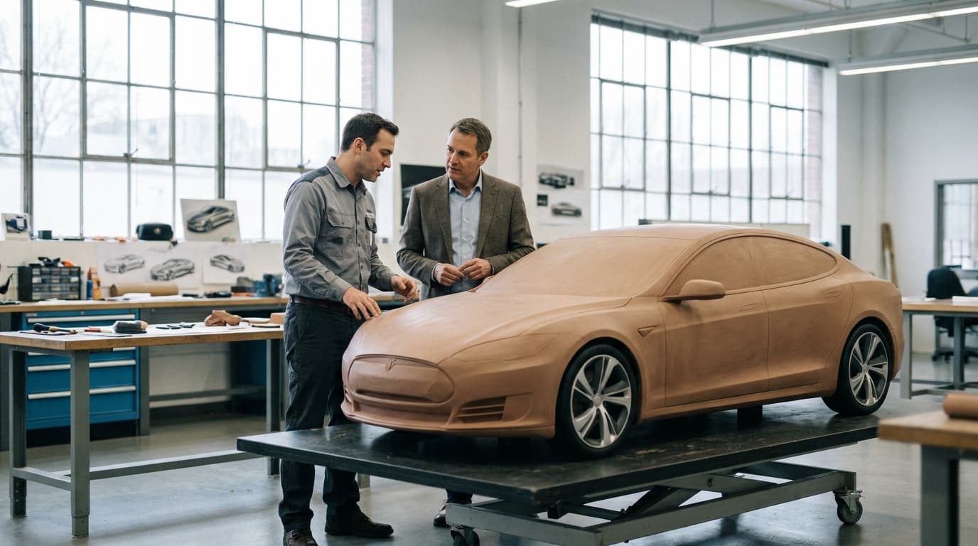 An automotive designer and an executive review the clay model of a new electric vehicle in a design studio.