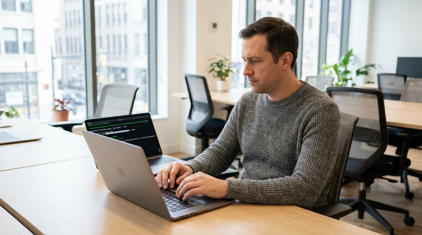 A developer in an office environment looking at a laptop screen displaying a successful command-line operation for a software package.