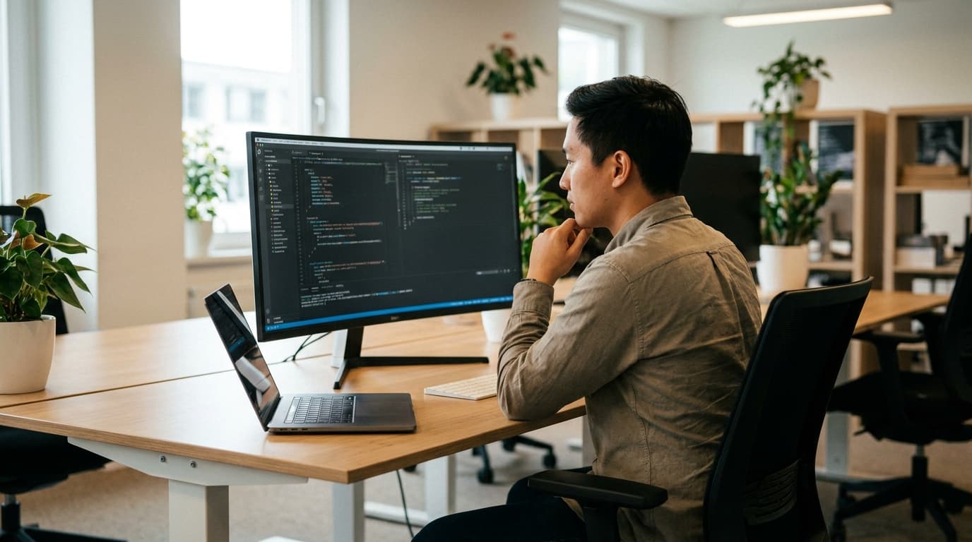 A programmer at a desk in a well-lit office carefully reviews code on a computer screen.