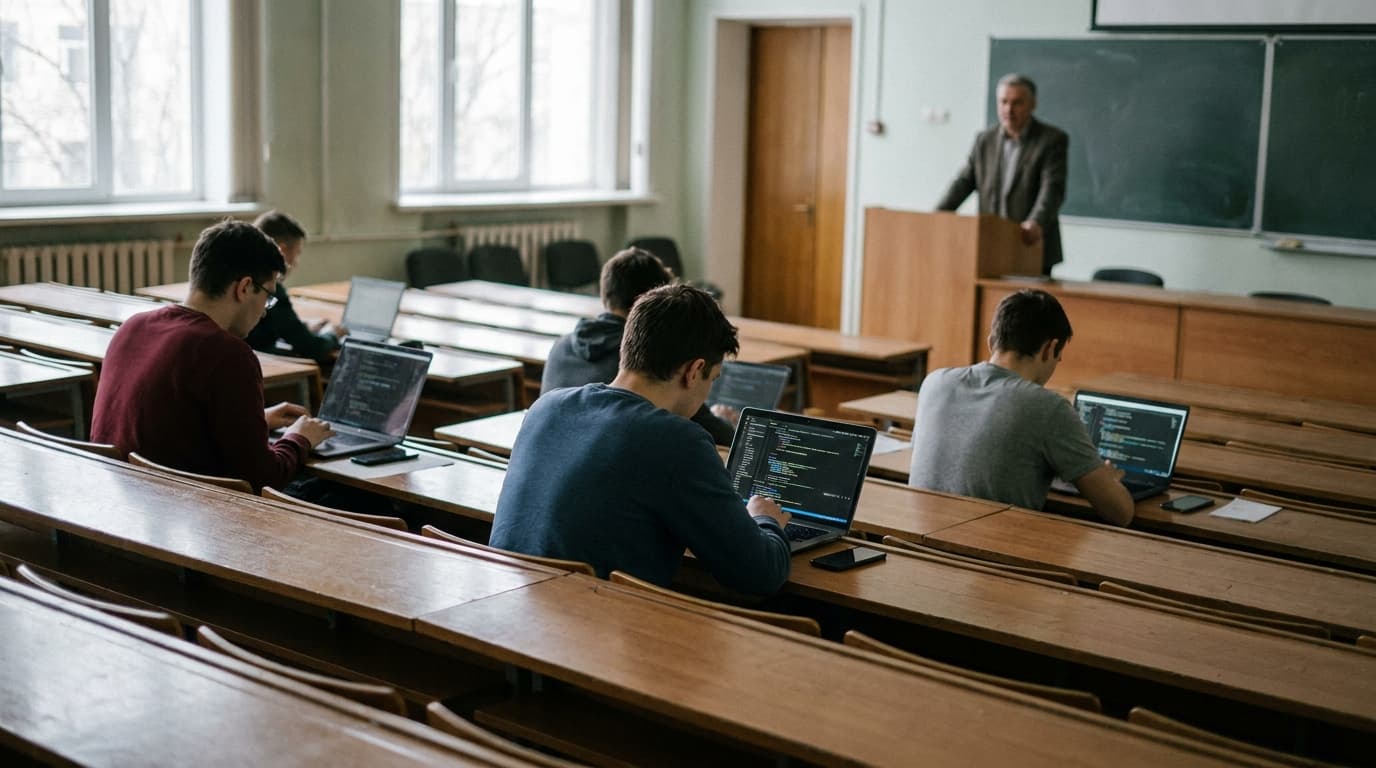 A university professor lectures to a half-empty computer science classroom, with many empty desks visible.