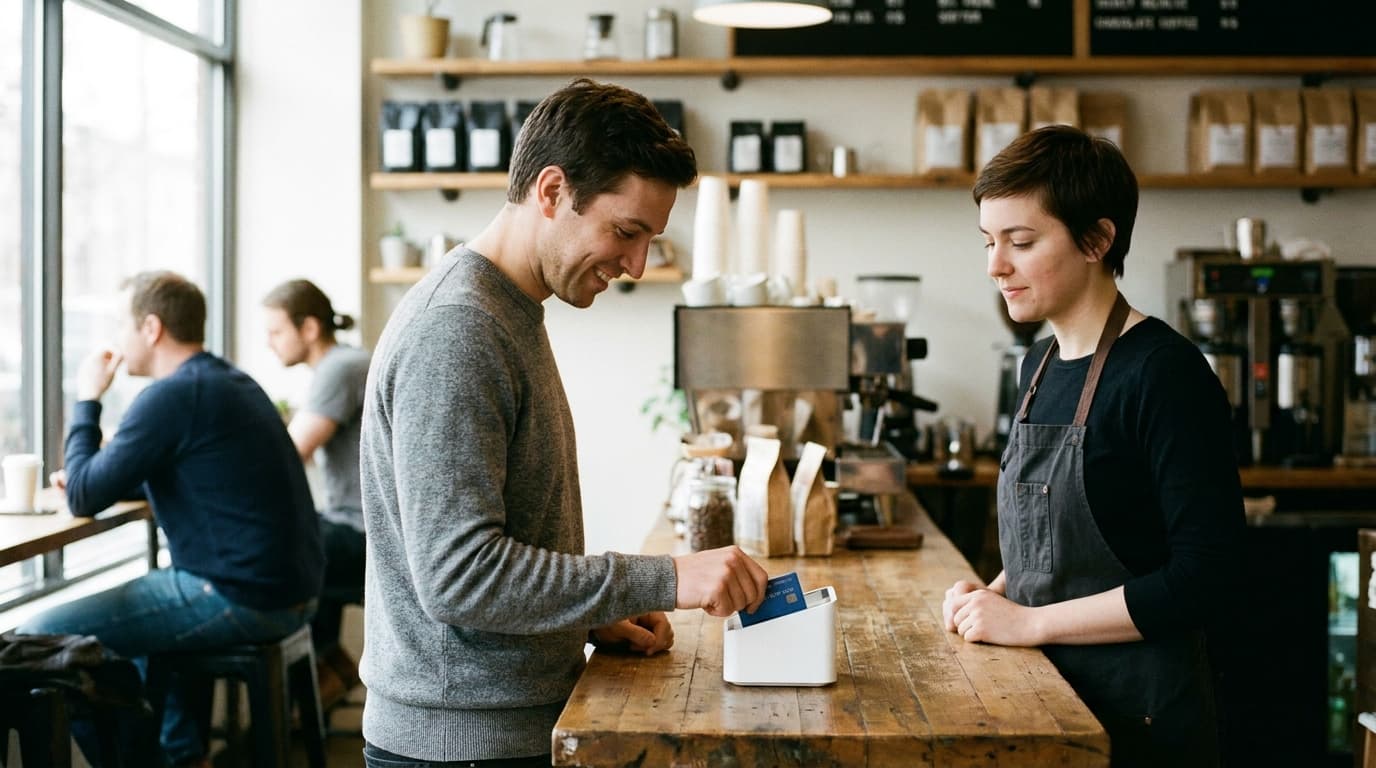 A person uses Revolut's facial recognition payment system at a checkout counter to buy a product.