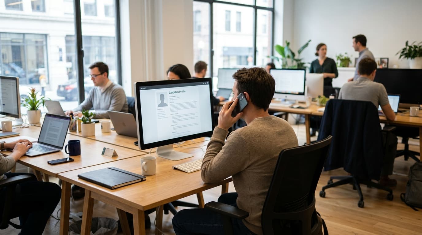 A recruiter in an office environment reviews a candidate's profile on a computer screen while making a phone call.
