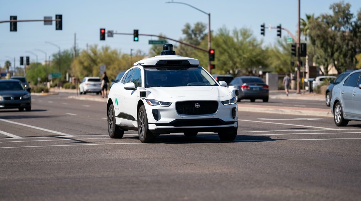 A white Waymo autonomous vehicle driving on a city street during the day, surrounded by normal traffic.