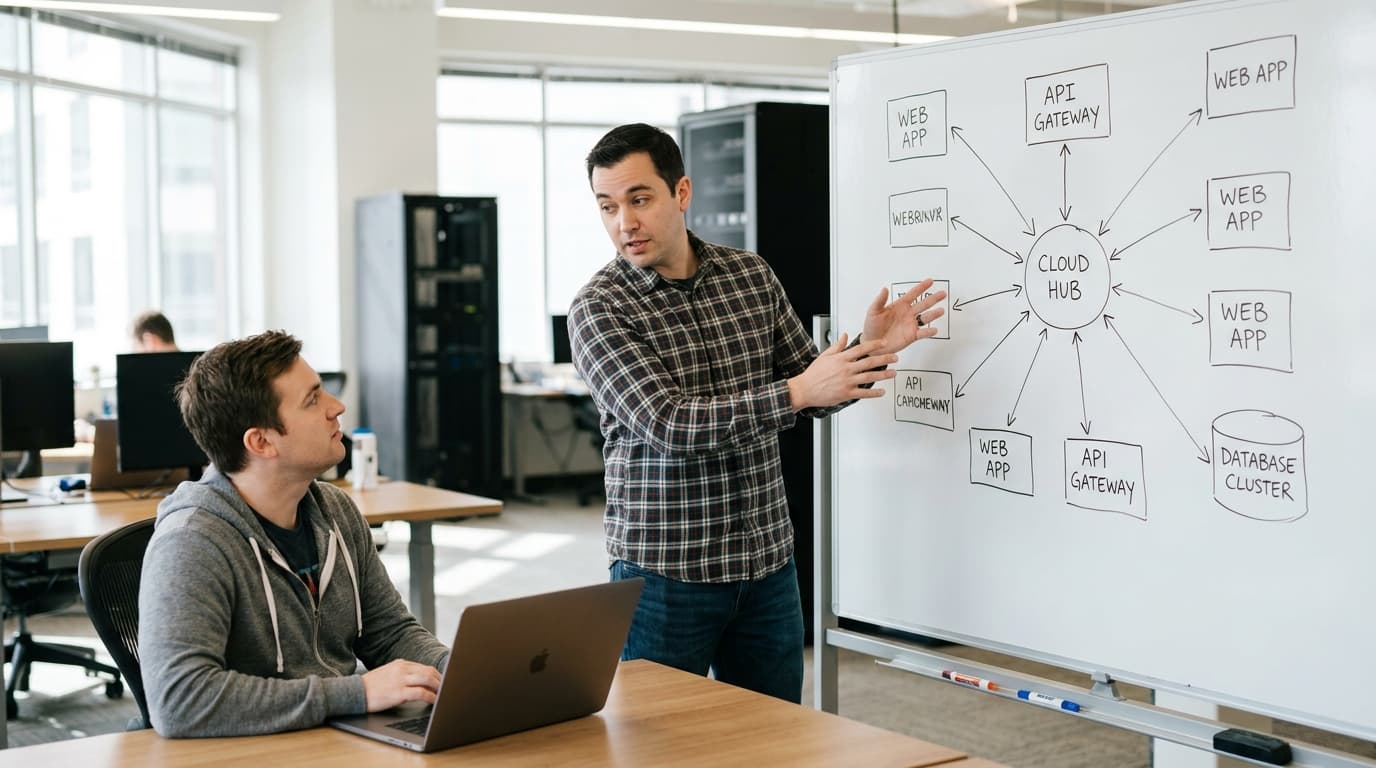 A cloud architect at a whiteboard explains a new, simplified system design to a team member looking on from their desk.