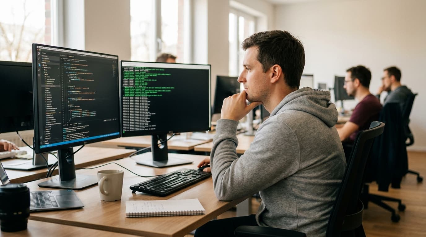 A software engineer at their desk reviews code on one monitor while a terminal runs on a second monitor.