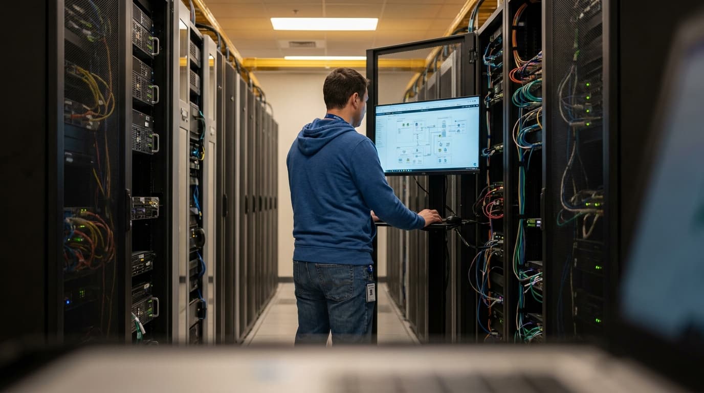 An engineer in a data center reviews a system architecture diagram displayed on a monitor mounted on a server rack.