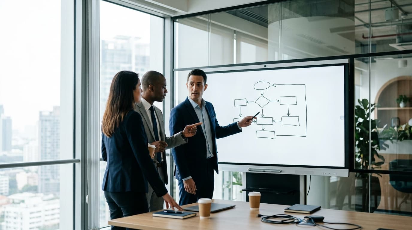 A group of colleagues in a business meeting, collaborating on an AI strategy shown on a digital screen.