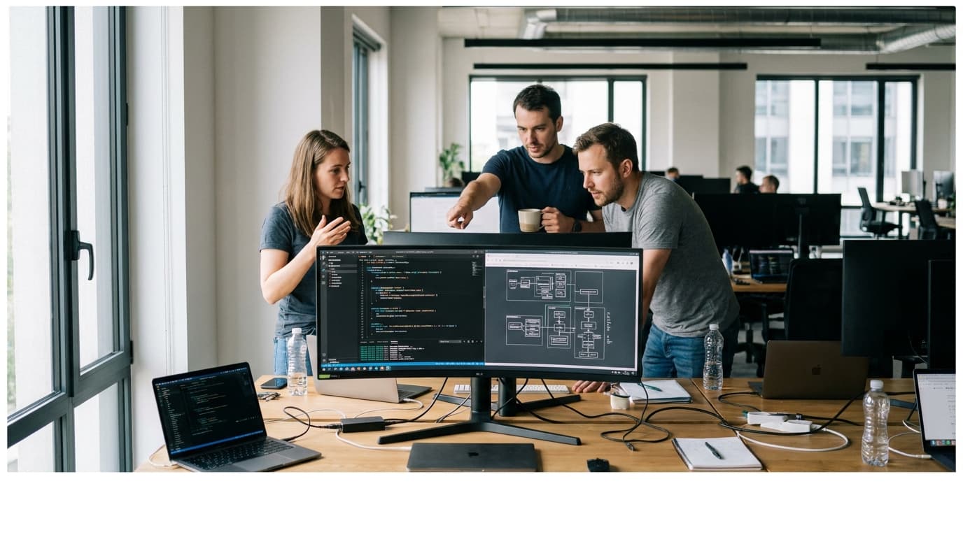 Three software engineers collaborate in an office, discussing code on a large computer screen displaying a system diagram.