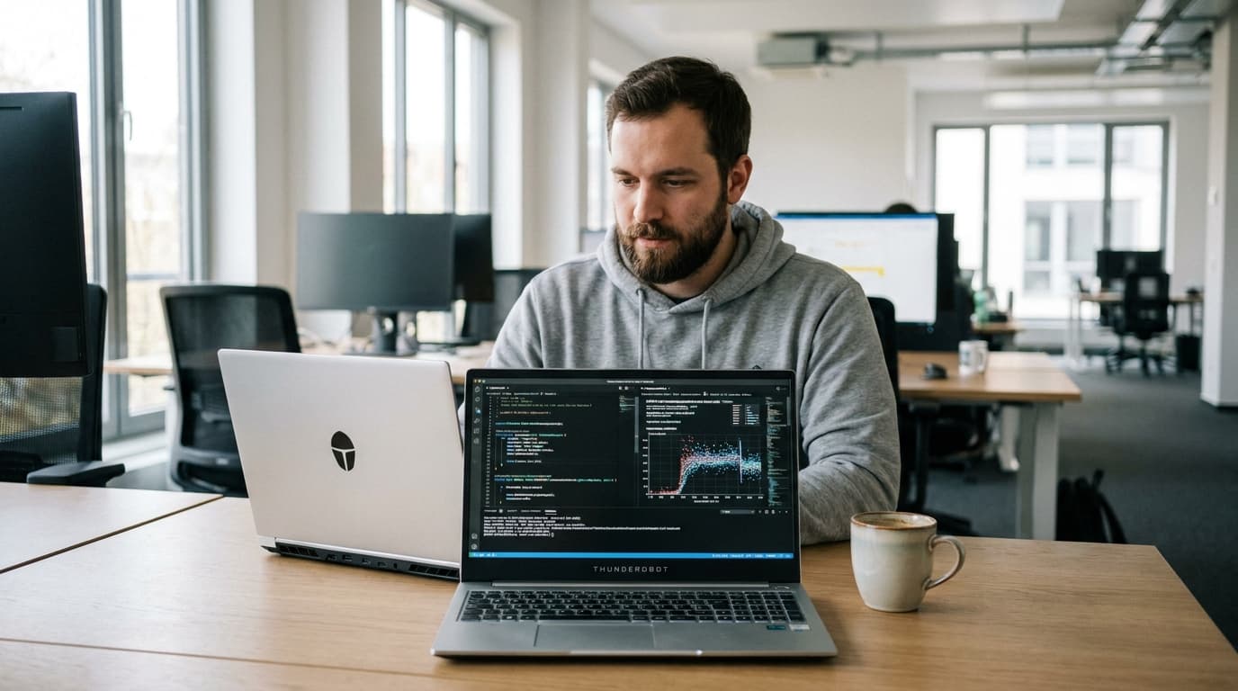 A developer working on a Thunderobot AI Master M7000 laptop in a modern office environment.