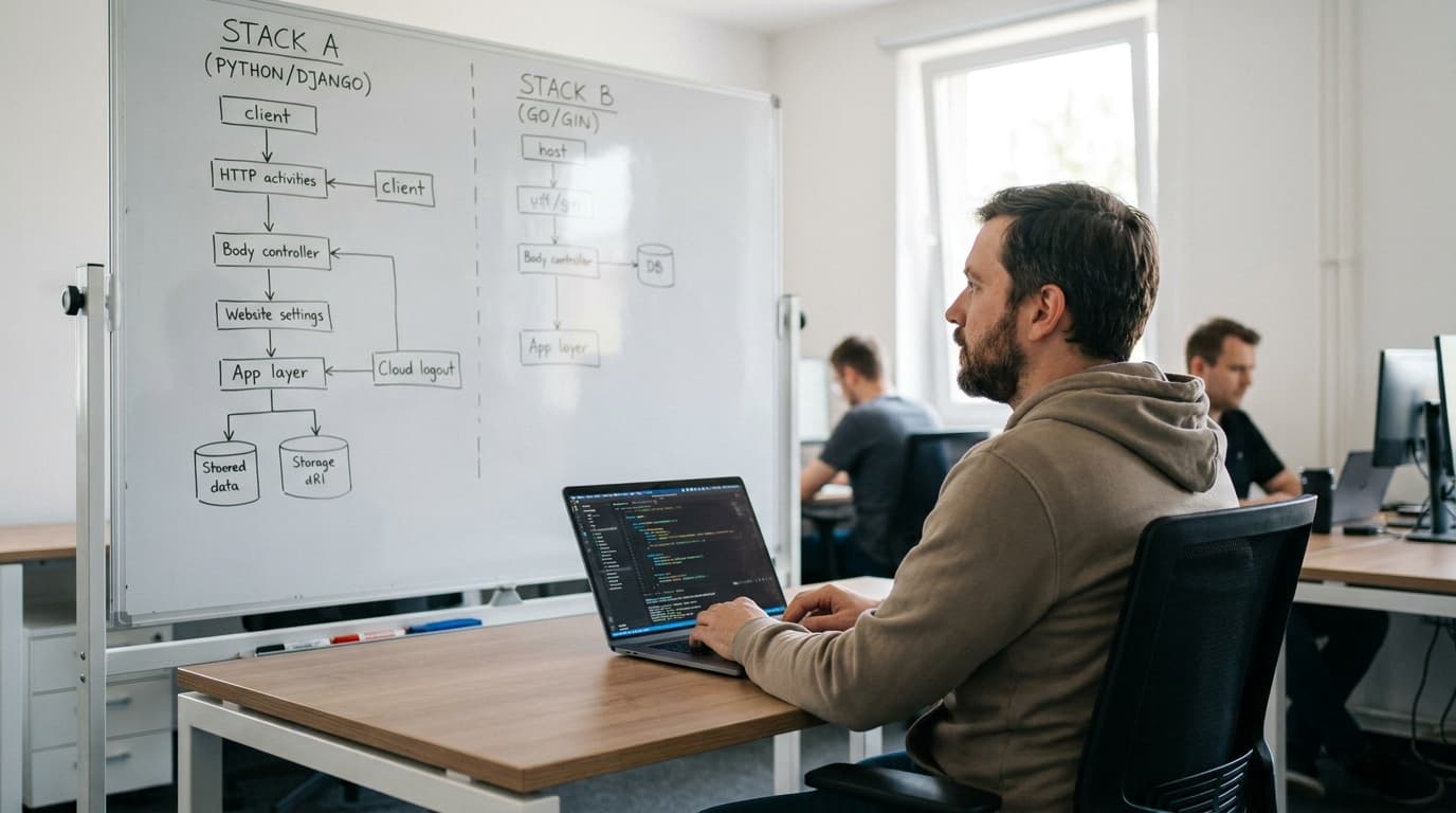 A developer in an office studies a whiteboard with flowcharts while working on a laptop with code on the screen.